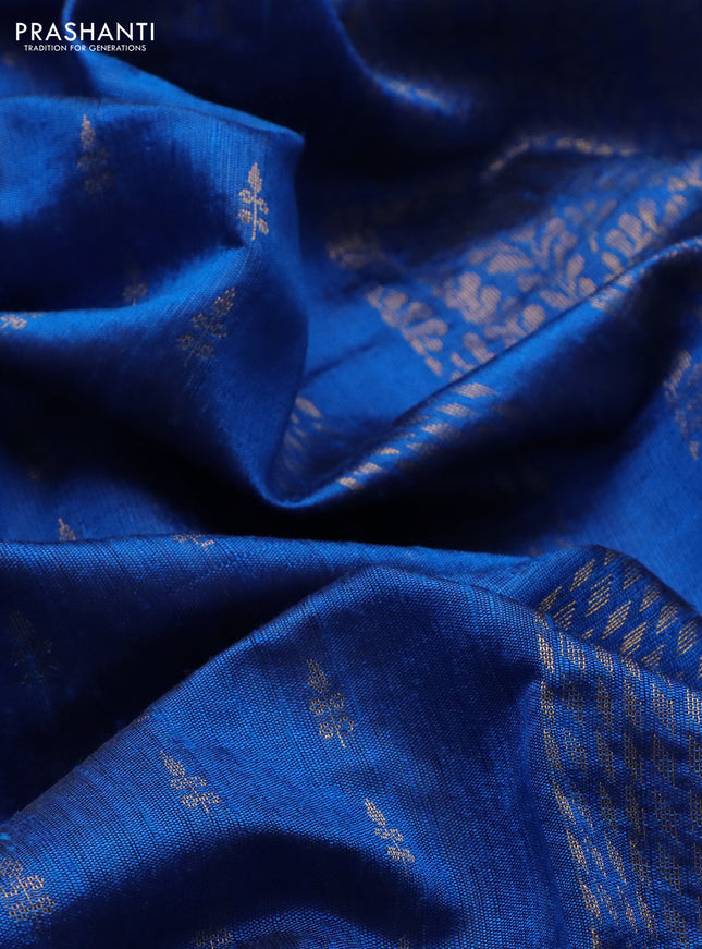 Pure dupion silk saree cs blue with zari woven buttas and floral embroidery border