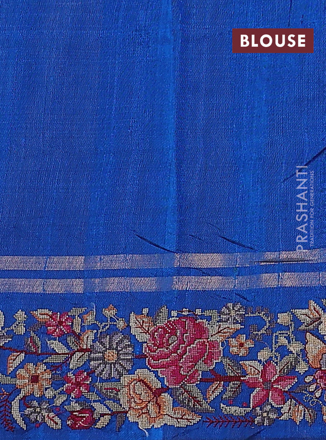 Pure dupion silk saree cs blue with zari woven buttas and floral embroidery border