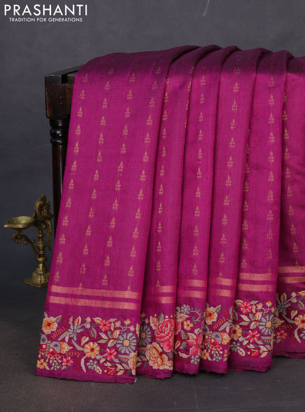 Pure dupion silk saree purple with zari woven buttas and floral embroidery border