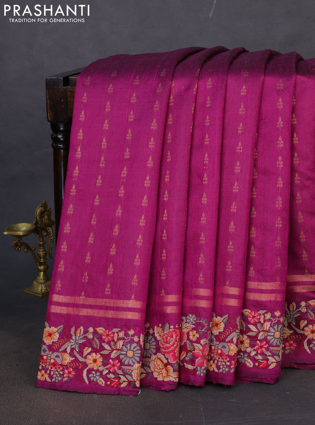Pure dupion silk saree purple with zari woven buttas and floral embroidery border