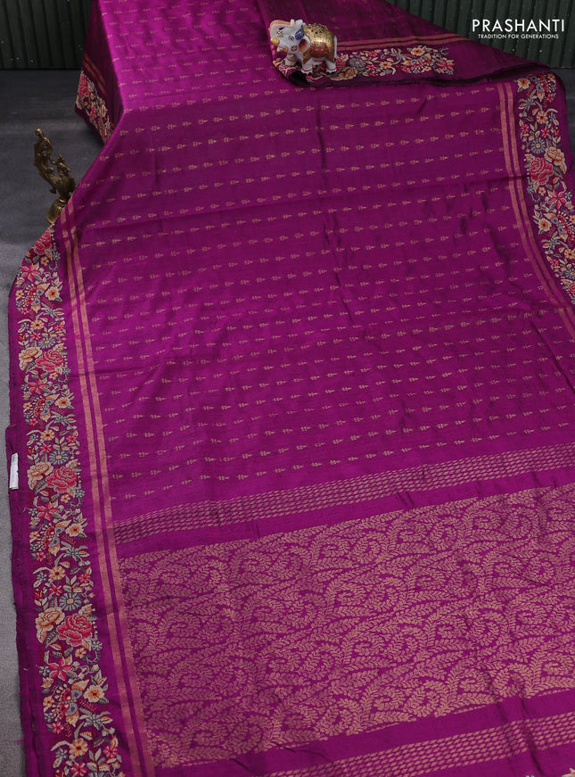 Pure dupion silk saree purple with zari woven buttas and floral embroidery border