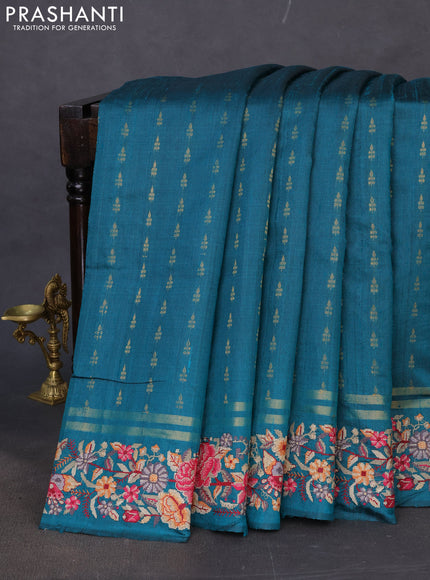 Pure dupion silk saree teal green with zari woven buttas and floral embroidery border