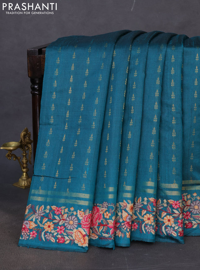 Pure dupion silk saree teal green with zari woven buttas and floral embroidery border