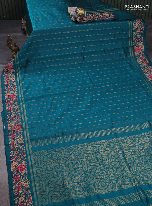 Pure dupion silk saree teal green with zari woven buttas and floral embroidery border