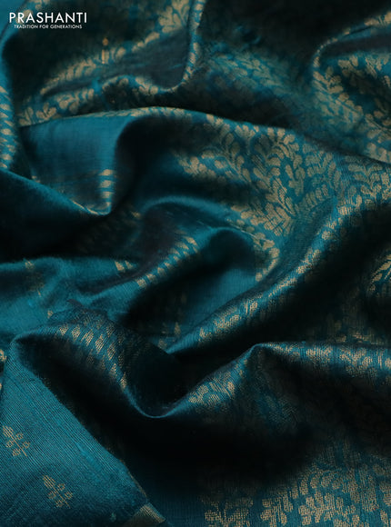 Pure dupion silk saree teal green with zari woven buttas and floral embroidery border