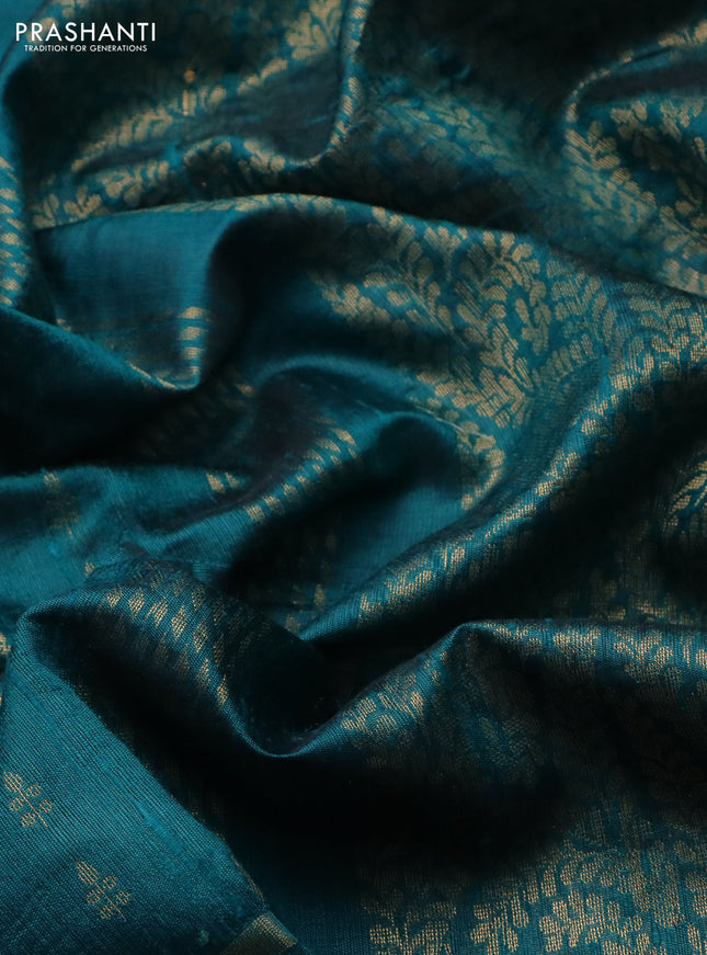 Pure dupion silk saree teal green with zari woven buttas and floral embroidery border