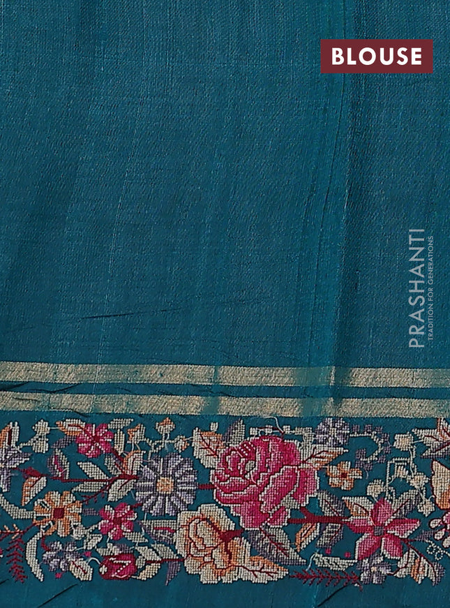 Pure dupion silk saree teal green with zari woven buttas and floral embroidery border