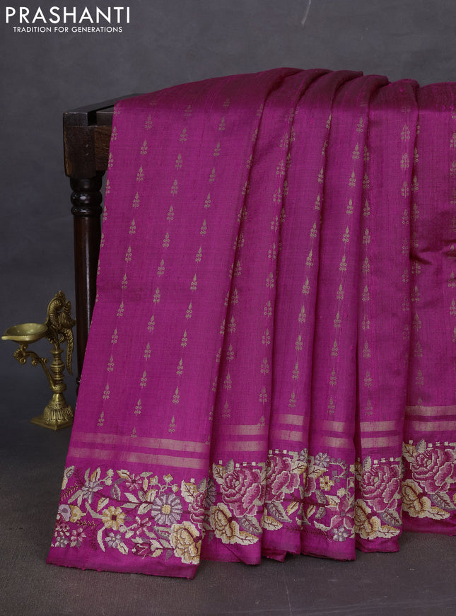 Pure dupion silk saree magenta pink with allover zari weaves and embroidery border