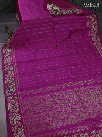 Pure dupion silk saree magenta pink with allover zari weaves and embroidery border
