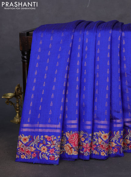 Pure dupion silk saree blue with zari woven buttas and floral embroidery border