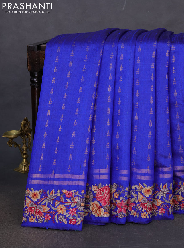 Pure dupion silk saree blue with zari woven buttas and floral embroidery border