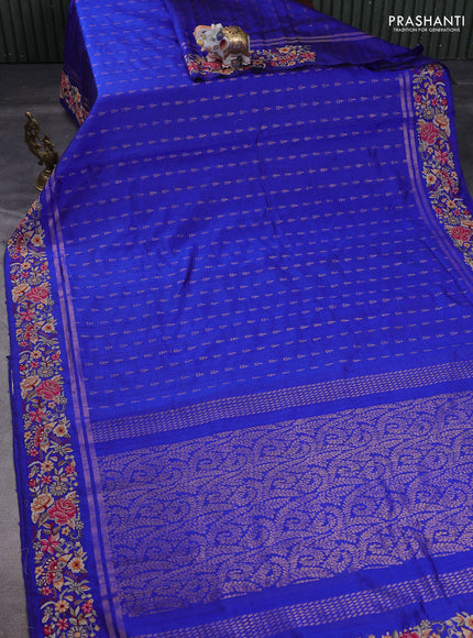 Pure dupion silk saree blue with zari woven buttas and floral embroidery border