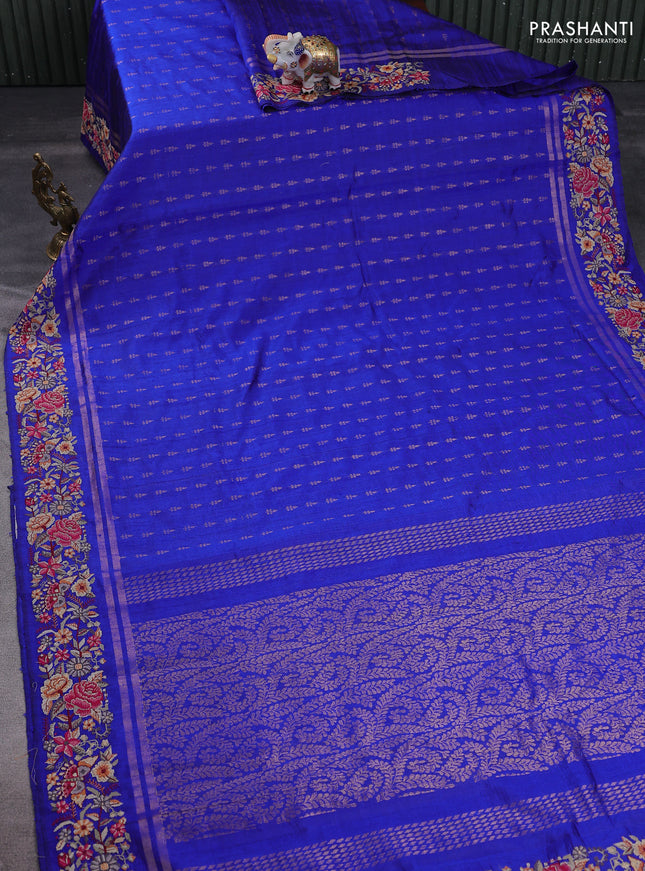 Pure dupion silk saree blue with zari woven buttas and floral embroidery border