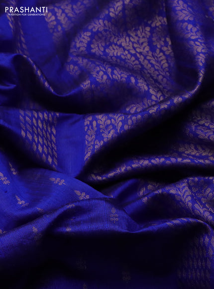 Pure dupion silk saree blue with zari woven buttas and floral embroidery border