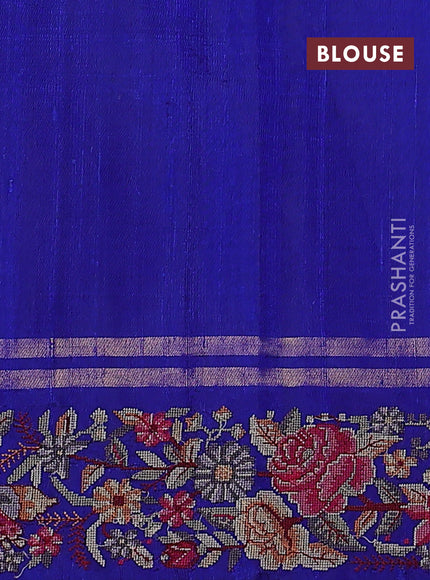 Pure dupion silk saree blue with zari woven buttas and floral embroidery border