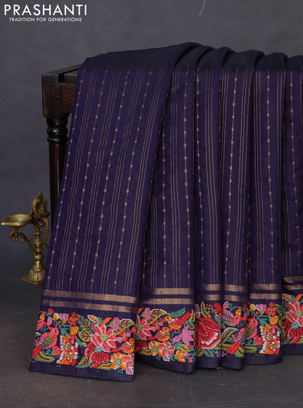 Pure dupion silk saree navy blue with zari woven buttas and floral embroidery border