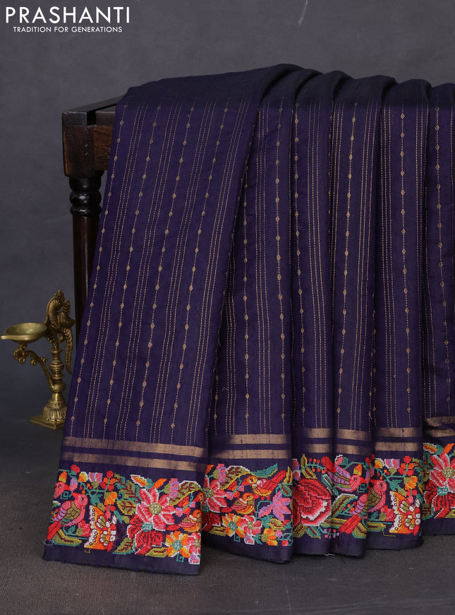 Pure dupion silk saree navy blue with zari woven buttas and floral embroidery border