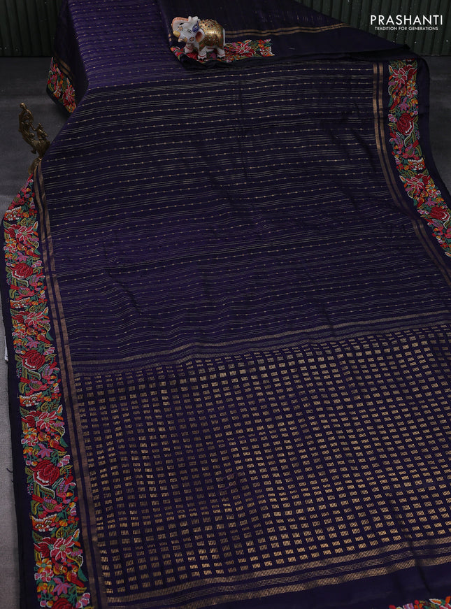 Pure dupion silk saree navy blue with zari woven buttas and floral embroidery border