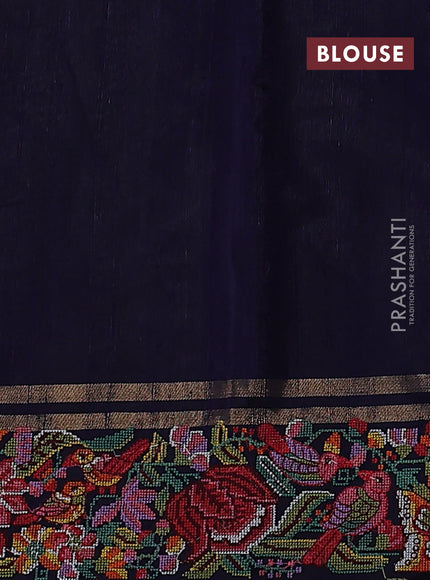 Pure dupion silk saree navy blue with zari woven buttas and floral embroidery border