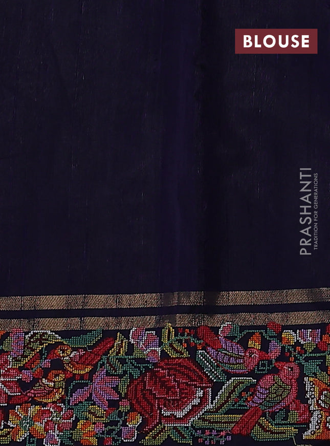 Pure dupion silk saree navy blue with zari woven buttas and floral embroidery border