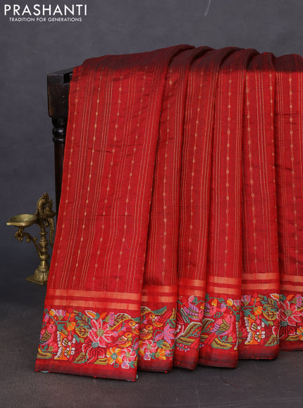 Pure dupion silk saree maroon with allover zari weaves and floral embroidery border