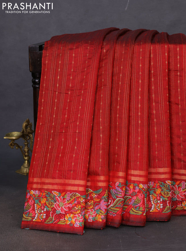 Pure dupion silk saree maroon with allover zari weaves and floral embroidery border