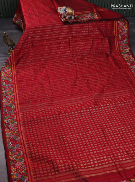 Pure dupion silk saree maroon with allover zari weaves and floral embroidery border