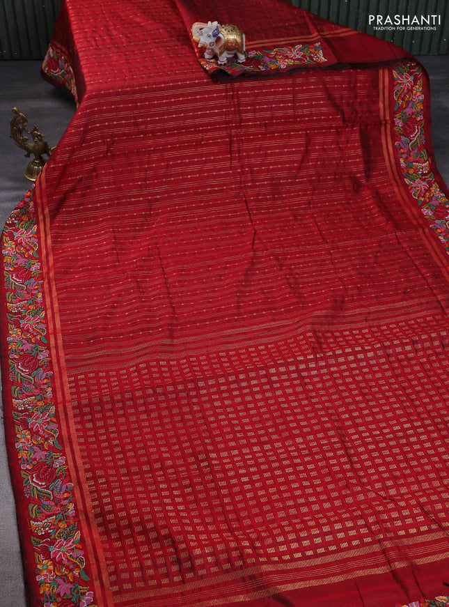 Pure dupion silk saree maroon with allover zari weaves and floral embroidery border