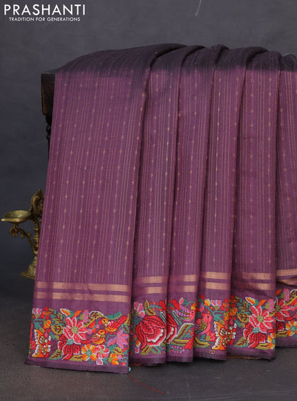 Pure dupion silk saree deep jamun with allover zari weaves and floral embroidery border
