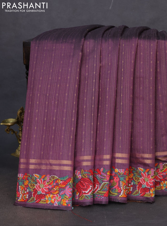 Pure dupion silk saree deep jamun with allover zari weaves and floral embroidery border