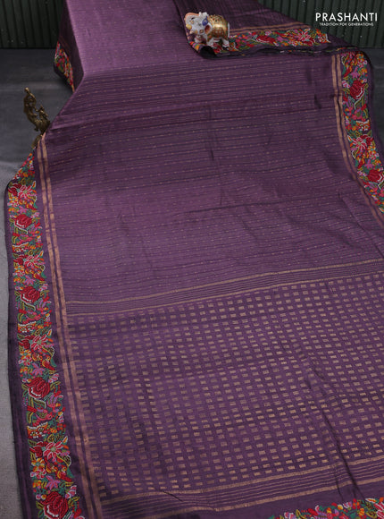 Pure dupion silk saree deep jamun with allover zari weaves and floral embroidery border
