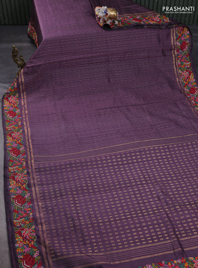 Pure dupion silk saree deep jamun with allover zari weaves and floral embroidery border