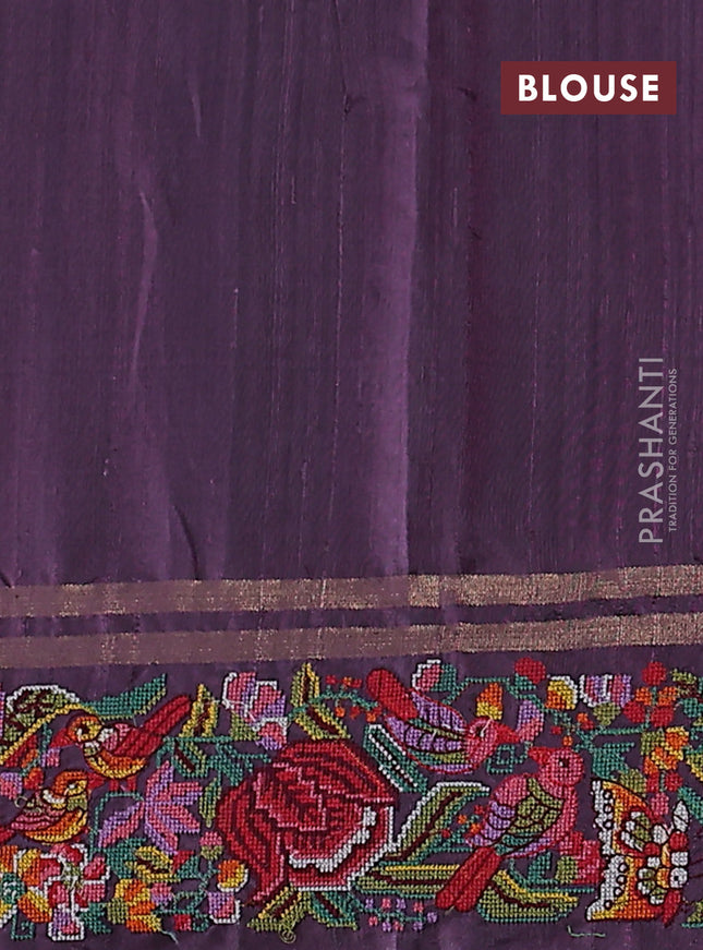 Pure dupion silk saree deep jamun with allover zari weaves and floral embroidery border