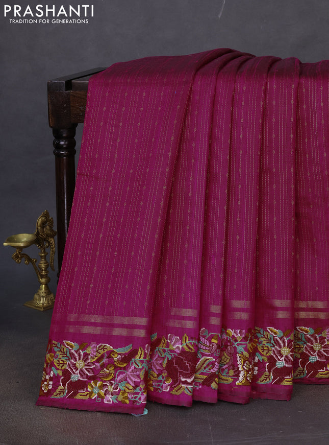 Pure dupion silk saree magenta pink with allover zari weaves and floral embroidery border
