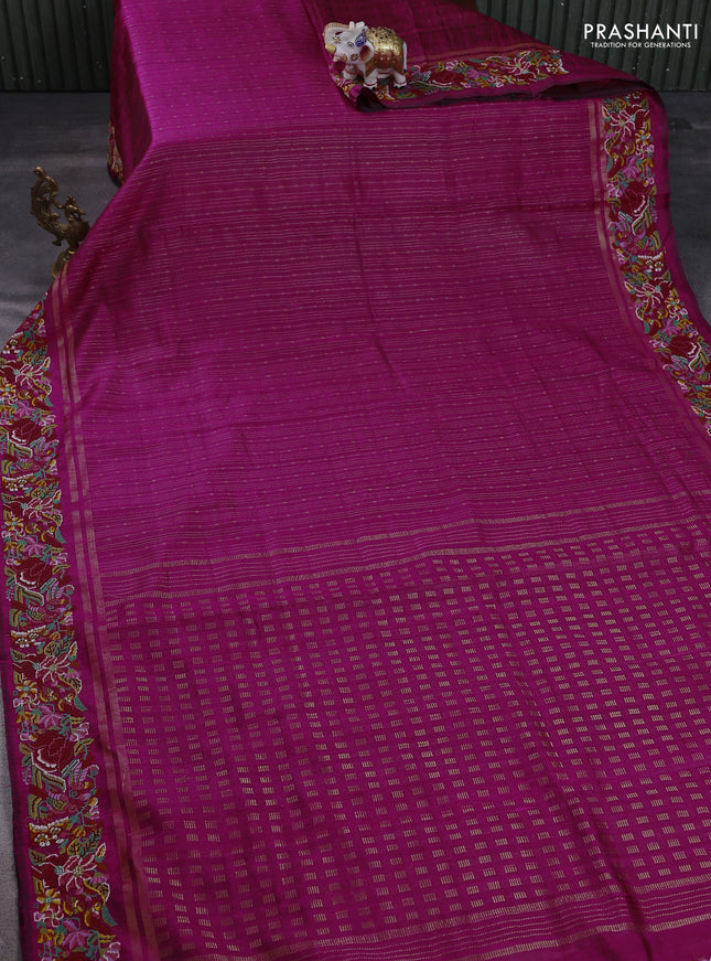 Pure dupion silk saree magenta pink with allover zari weaves and floral embroidery border