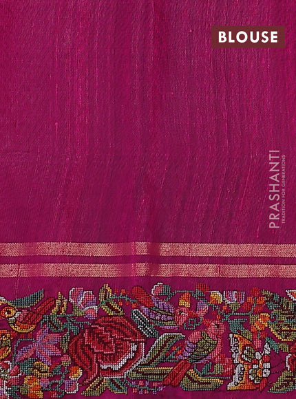 Pure dupion silk saree magenta pink with allover zari weaves and floral embroidery border