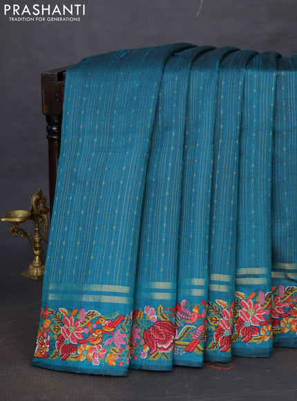 Pure dupion silk saree teal green with allover zari weaves and floral embroidery border