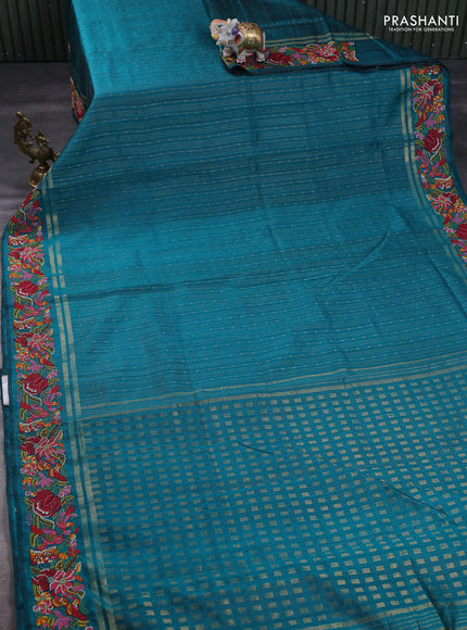 Pure dupion silk saree teal green with allover zari weaves and floral embroidery border