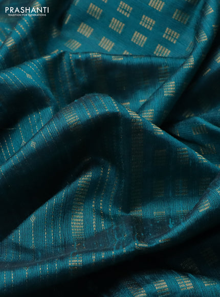 Pure dupion silk saree teal green with allover zari weaves and floral embroidery border