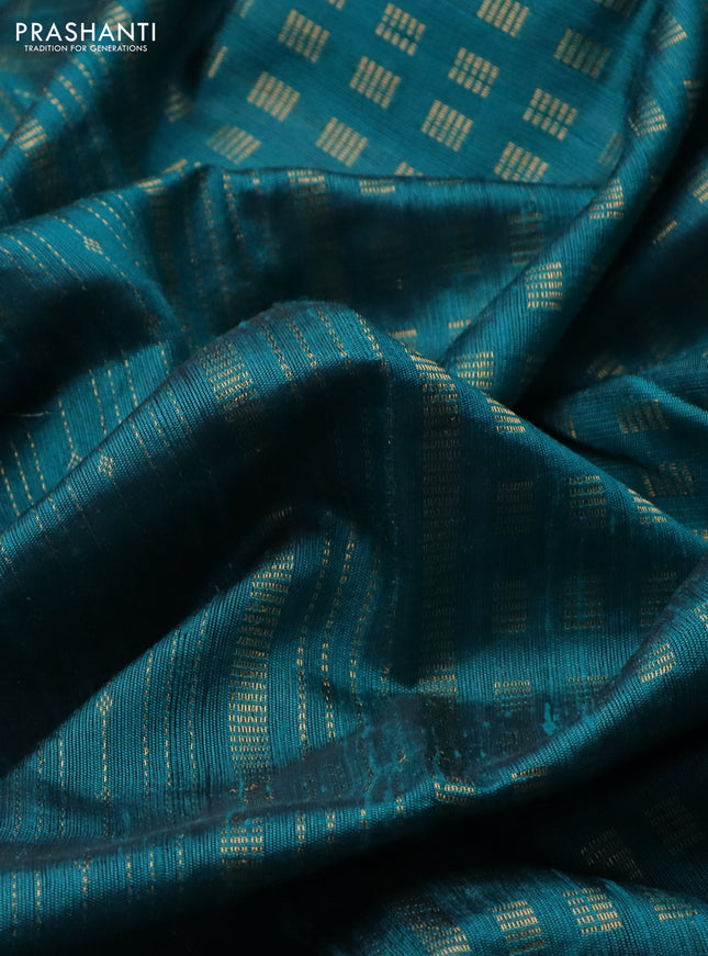 Pure dupion silk saree teal green with allover zari weaves and floral embroidery border