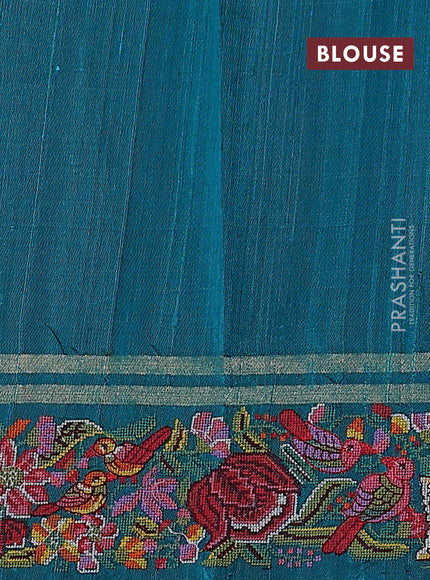 Pure dupion silk saree teal green with allover zari weaves and floral embroidery border