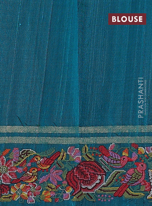 Pure dupion silk saree teal green with allover zari weaves and floral embroidery border