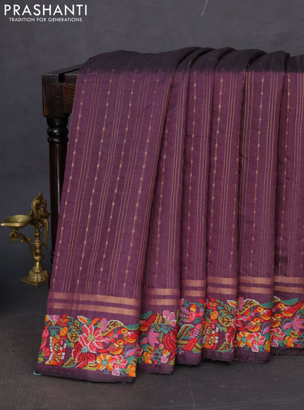 Pure dupion silk saree deep jamun with allover zari weaves and floral embroidery border