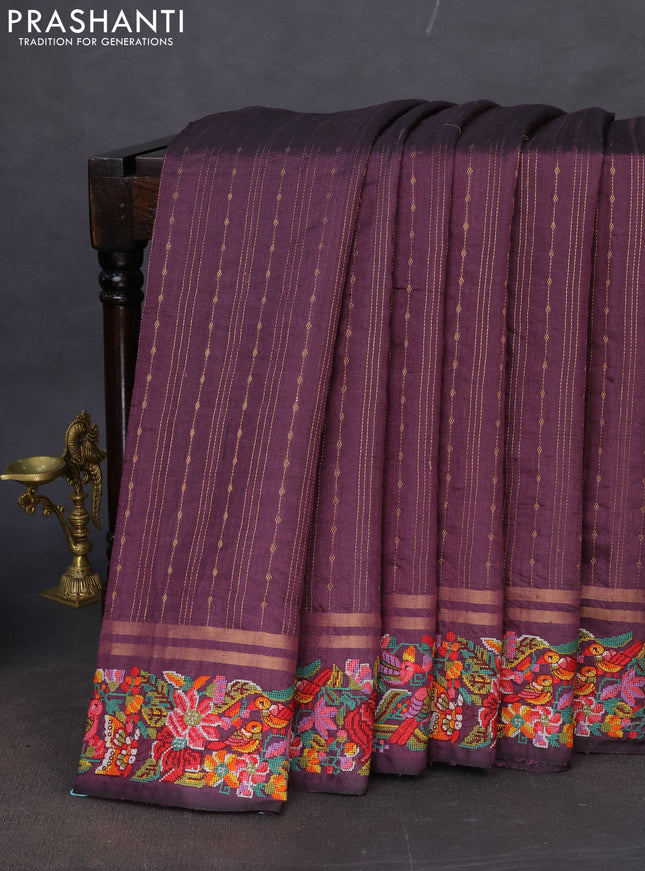 Pure dupion silk saree deep jamun with allover zari weaves and floral embroidery border