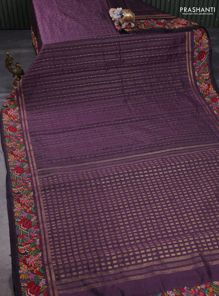 Pure dupion silk saree deep jamun with allover zari weaves and floral embroidery border