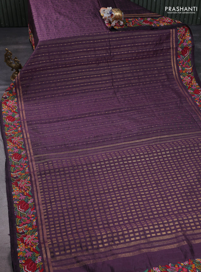 Pure dupion silk saree deep jamun with allover zari weaves and floral embroidery border