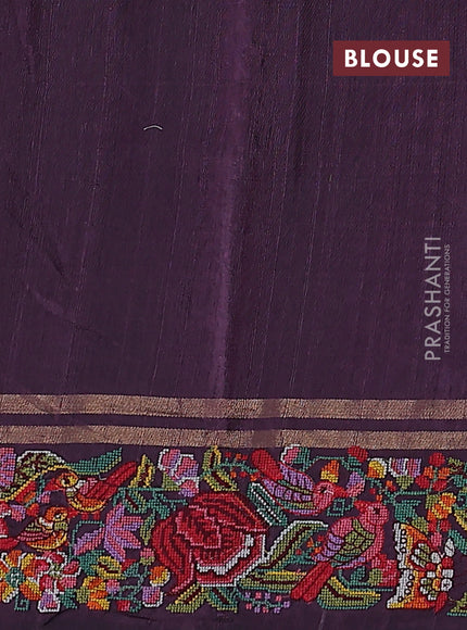 Pure dupion silk saree deep jamun with allover zari weaves and floral embroidery border