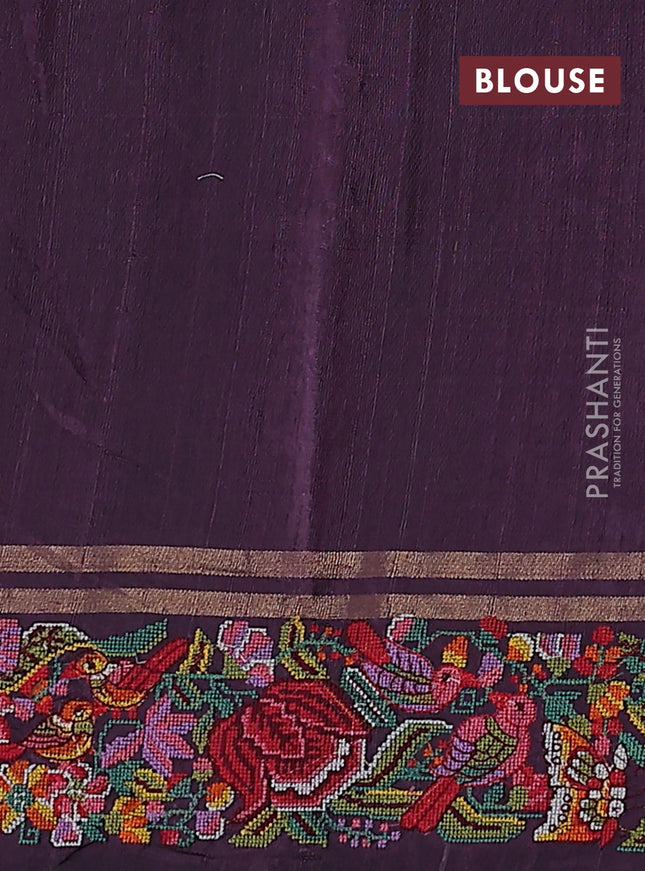 Pure dupion silk saree deep jamun with allover zari weaves and floral embroidery border