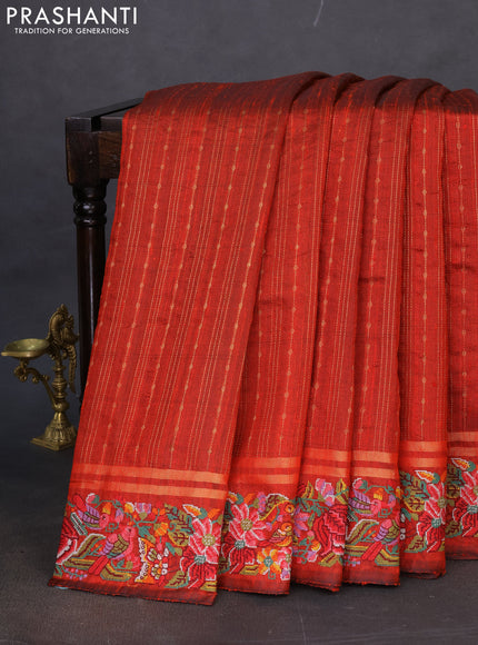 Pure dupion silk saree orange with allover zari weaves and floral embroidery border