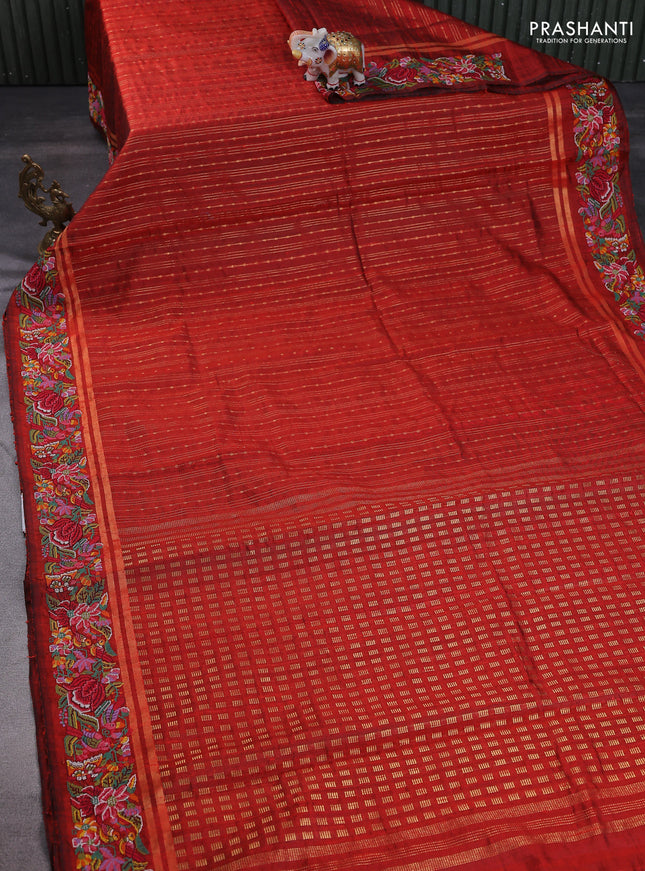 Pure dupion silk saree orange with allover zari weaves and floral embroidery border